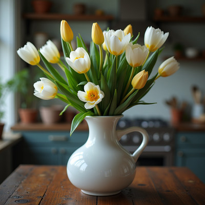 Bright tulips in a white vase enhance a cozy kitchen