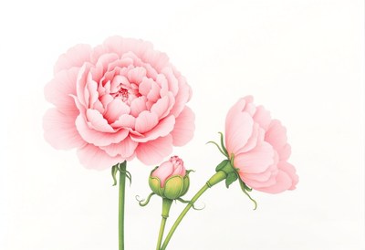 Pink peonies in full bloom with buds alongside