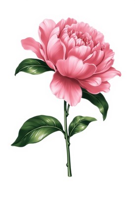 Pink peony bloom with green leaves in detailed illustration