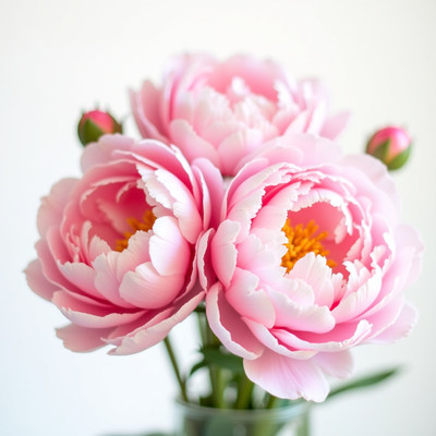 Beautiful pink peonies in a vase on a white background