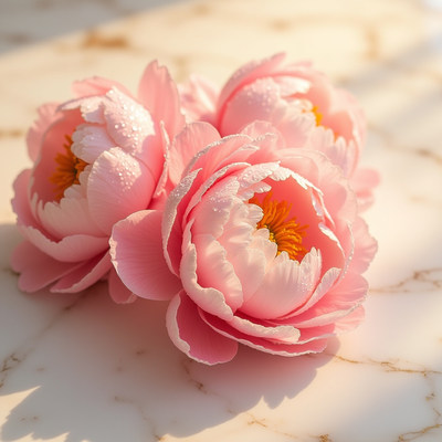 Beautiful pink peonies arranged on a marble surface