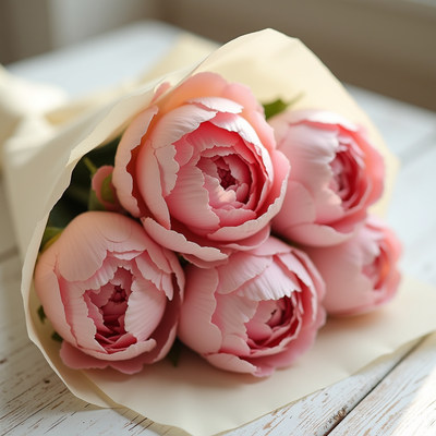 Beautiful bouquet of pink peonies on a wooden table