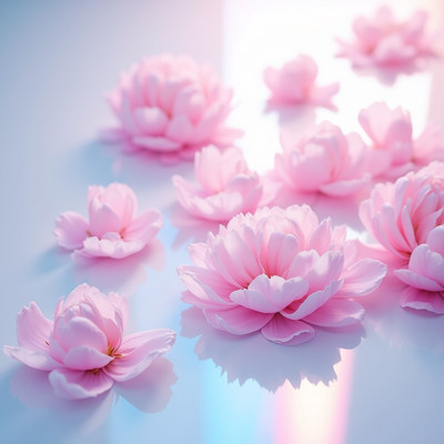 Beautiful pink flowers scattered on a reflective surface