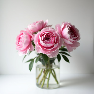 Beautiful pink peonies in a clear glass vase
