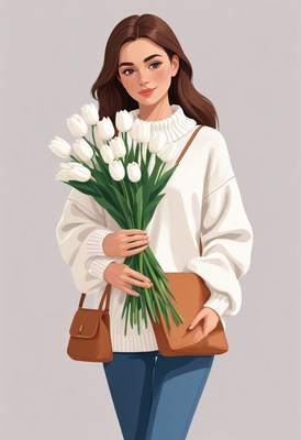 Young woman holding tulips in casual winter outfit