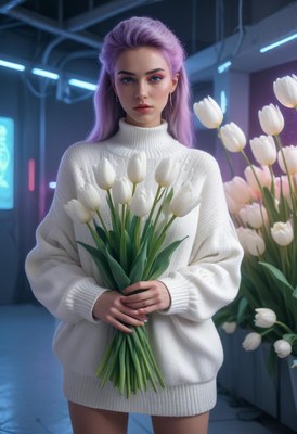 Woman with white tulips in a modern indoor setting