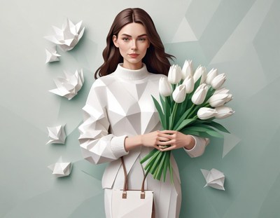 Elegant woman holds tulips in a minimalist setting