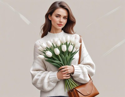 Woman holding white tulips in cozy sweater
