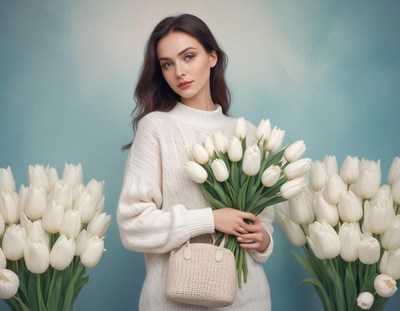 Woman with white tulips in a serene setting