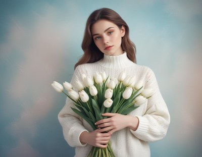 Young woman holds bouquet of white tulips indoors