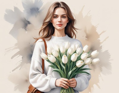 Woman holding a bouquet of white tulips in casual attire