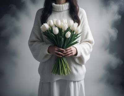 Woman holding bouquet of white tulips in soft lighting