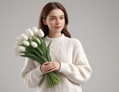 Woman holding white tulips in cozy sweater