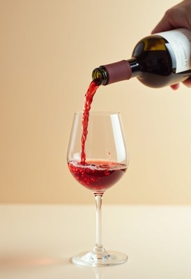 Pouring red wine into a glass at home