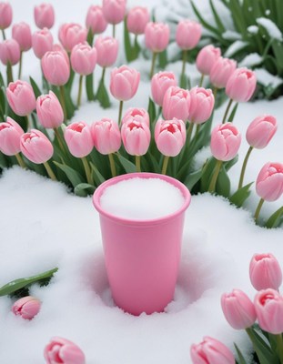 Pink cup in snow surrounded by blooming tulips
