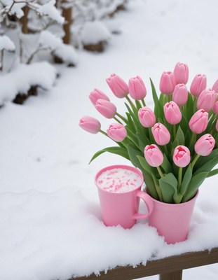 Pink tulips and warm beverage in snowy winter setting