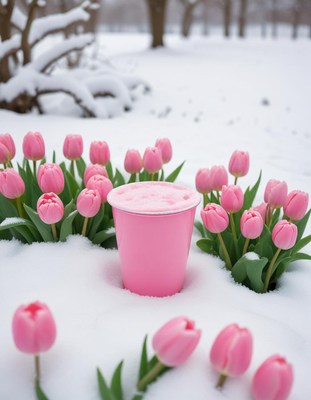 Pink cup among tulips in snowy landscape