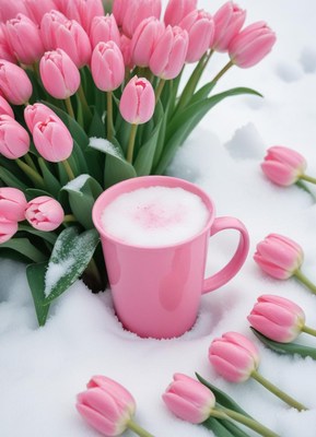 Coffee mug surrounded by pink tulips in winter snow