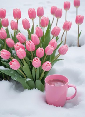 Tulips bloom in snow with a pink cup beside them