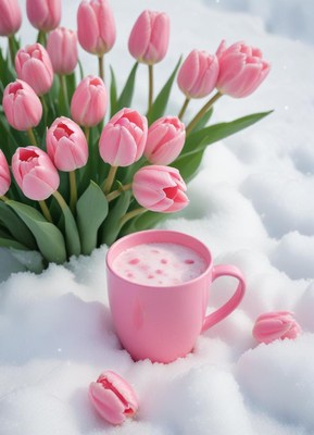 Warm cup and pink tulips surrounded by fresh snow