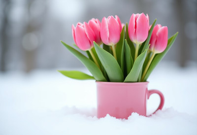 Pink tulips blooming in a cup on snow-covered ground