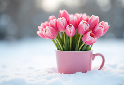 Fresh pink tulips in a cup on snowy ground
