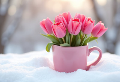 Tulips in a pink cup on snow during winter morning