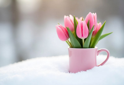 Pink tulips in a cup on snowy ground during winter