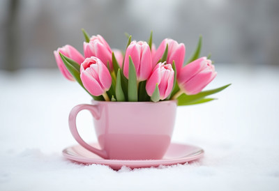 Pink tulips in a cup amidst winter snow