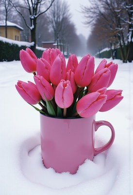 Pink tulips in a cup surrounded by snow on a winter street