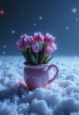Tulips in a pink vase surrounded by snow at night