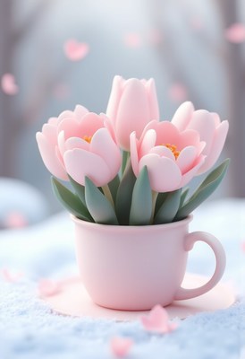 Beautiful pink tulips in a pastel cup arrangement