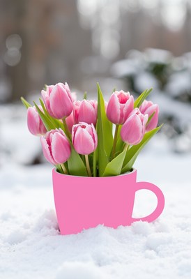 Pink tulips in a cup surrounded by fresh snow