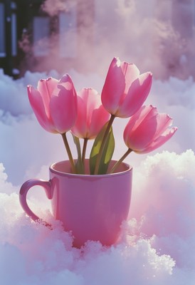 Pink tulips in a cup surrounded by soft misty clouds