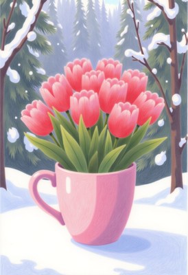 Winter tulips in a pink cup on a snowy day