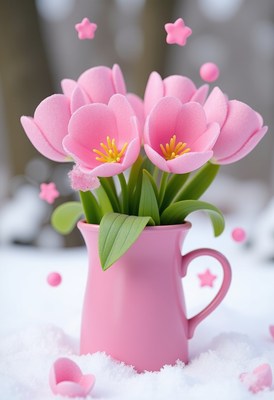 Pink flowers in a pink vase surrounded by snow
