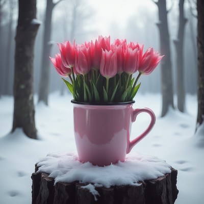 Pink tulips in a cup on a snowy forest stump