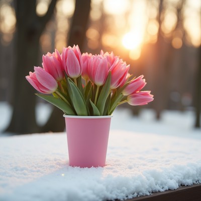Pink tulips in a cup on snow during sunset