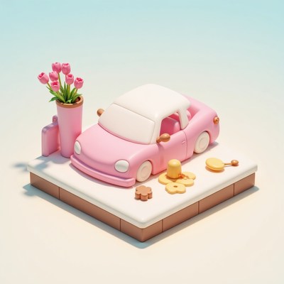 Cute pink car with flowers and cookies on display
