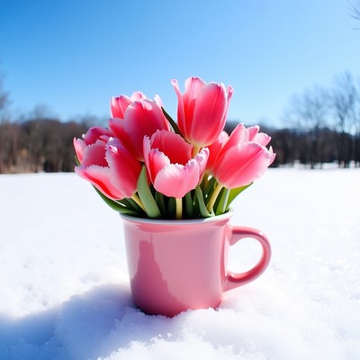Pink tulips in a cup on snow during bright winter day
