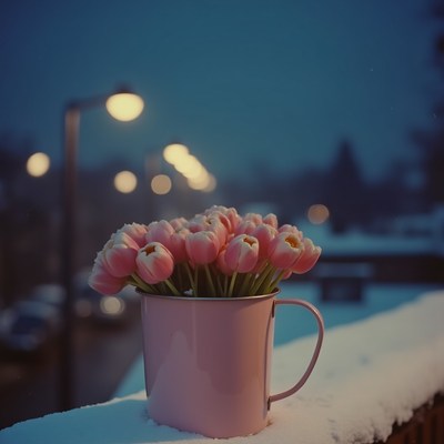 Pink tulips in a cup against a snowy evening backdrop