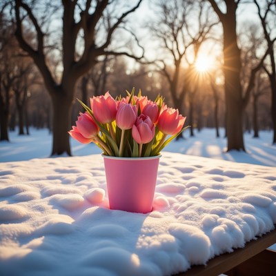Vibrant tulips blooming in winter landscape at sunset