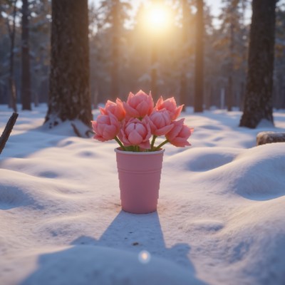 Pink flowers in pot standing alone in snowy forest