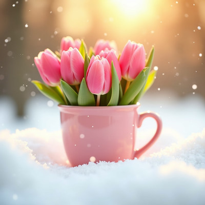 Pink tulips in a cup against a snowy background at sunset