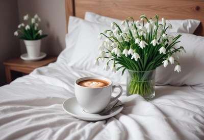 Cozy morning with coffee and snowdrop flowers on bed