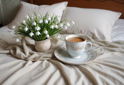 Cozy morning with coffee and flowers on the bed