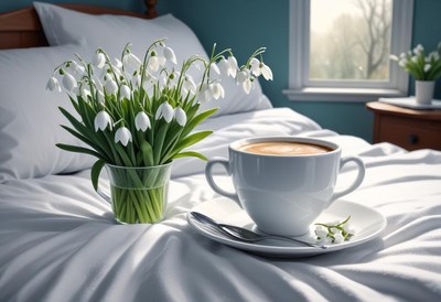 Sipping coffee with flowers in a cozy bedroom setting