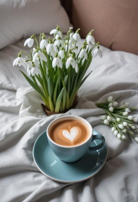 Warm coffee and fresh flowers on a cozy sofa