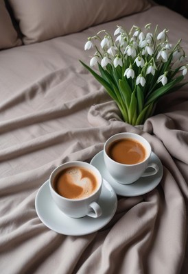 Enjoying morning coffee with fresh flowers by the bed