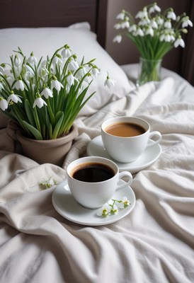 Enjoying coffee among spring flowers in a cozy setting